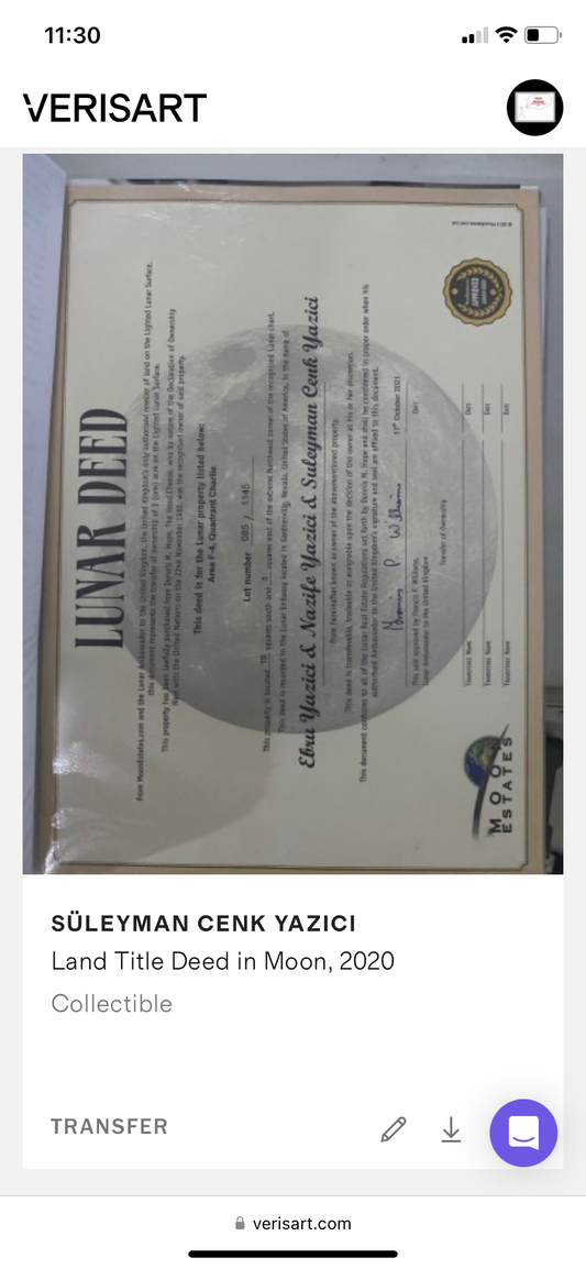 Land title deed in Moon NFT by Süleyman Cenk Yazici,1974.